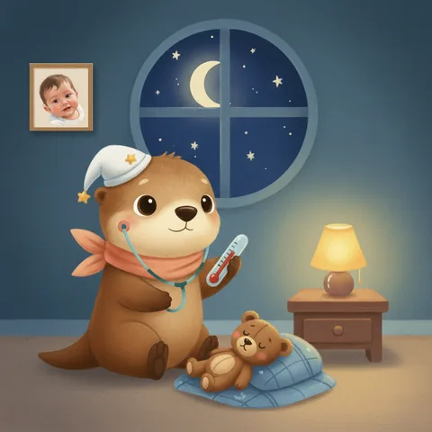 Uyku şapkalı Boncuk, gece uyuyan ayıcığın başında termometreyle nöbette