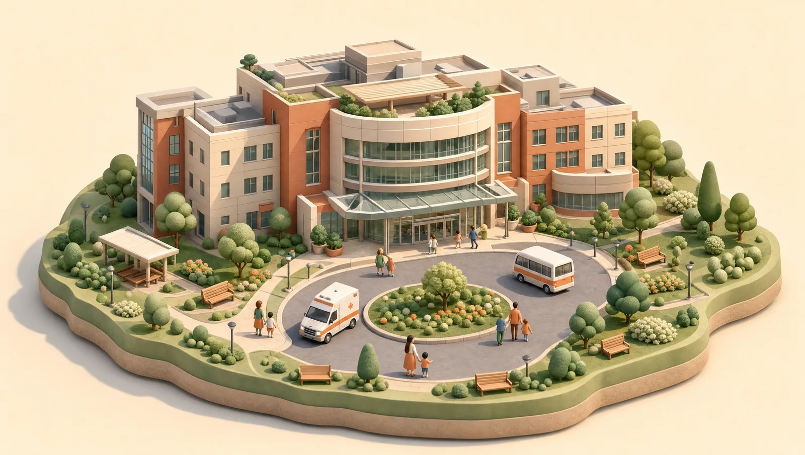 Koç University Hospital — miniature diorama illustration, families walking to the entrance
