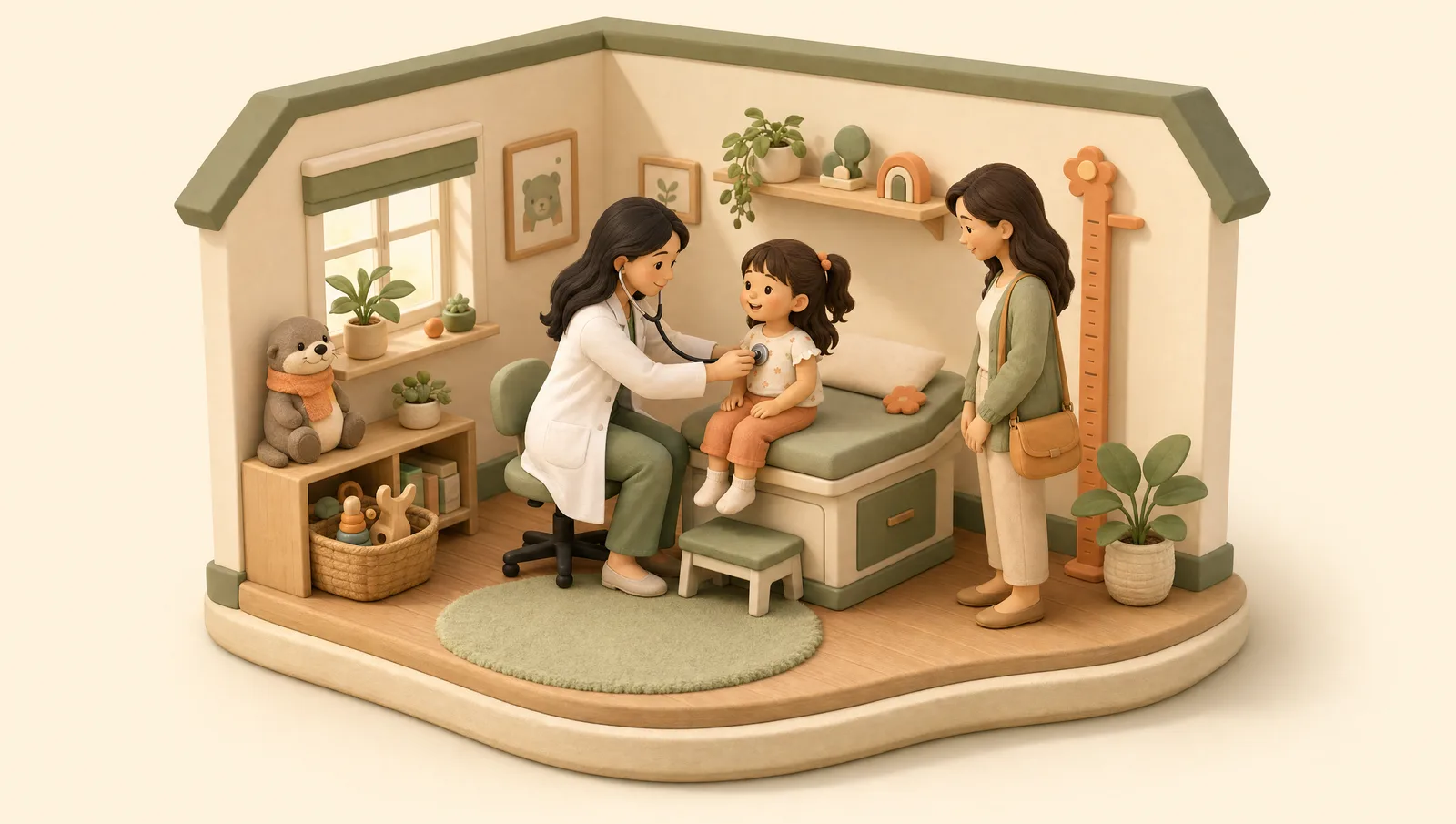 Diorama illustration of the examination room — Dr. Aslı listening to a young patient with a stethoscope, mother nearby, Boncuk the otter plush on the shelf